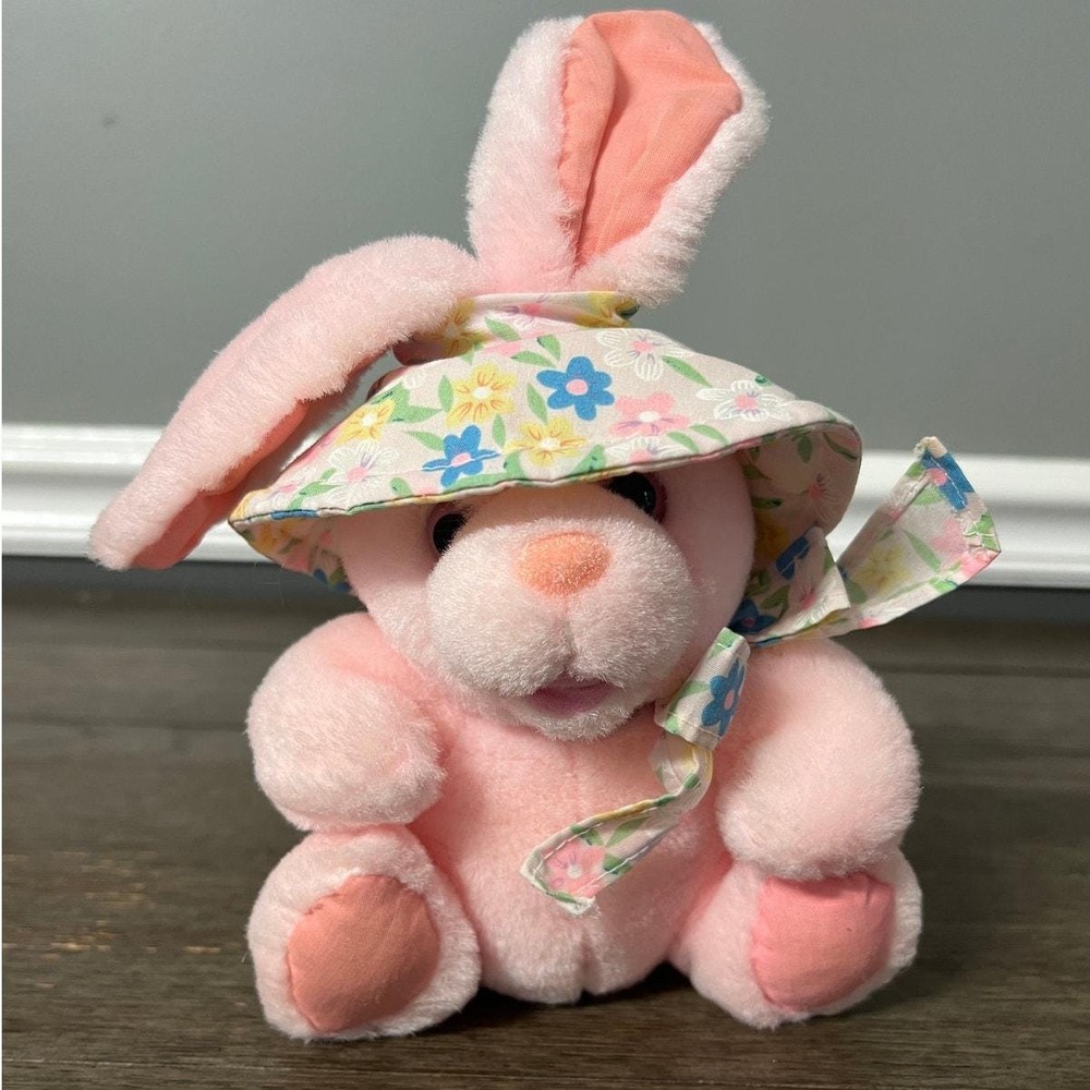 Vintage Cuddle Wit Pink Spring Floral Print Bunny Rabbit Plush Stuffed Animal
